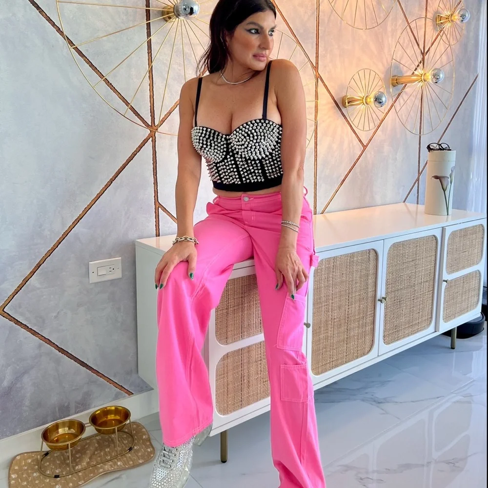 Pink Denim Cargo Pantss - Picture 1 of 2